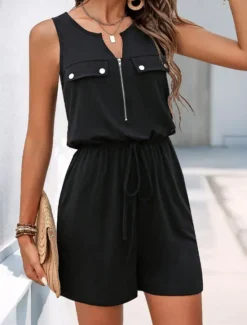New Women's Normal Romper Active Solid Color Sleeveless Round Neck Zipper Pocket Vacation Daily Regular Fit Summer Women Rompers