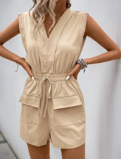 Clearance Women's Normal Romper Active Solid Color Sleeveless V Neck Pocket High Waist Vacation Daily Regular Fit Summer Women Rompers