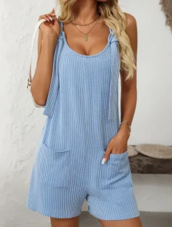 New Women's Normal Romper Active Striped Sleeveless Round Neck High Waist Vacation Daily Regular Fit Pink Light Blue Summer Women Rompers