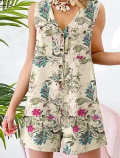 Clearance Women's Normal Romper Active Floral Sleeveless V Neck Buttons High Waist Vacation Daily Regular Fit Yellow Red Navy Blue Summer Women Rompers