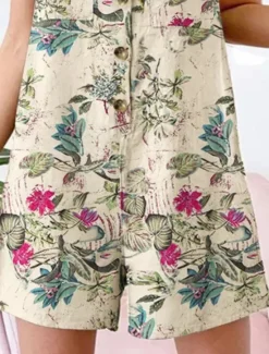 Clearance Women's Normal Romper Active Floral Sleeveless V Neck Buttons High Waist Vacation Daily Regular Fit Yellow Red Navy Blue Summer Women Rompers