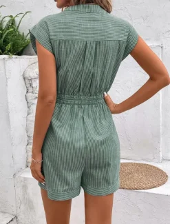 Hot Women's Normal Romper Active Striped Sleeveless V Neck Lace up Pocket Vacation Daily Regular Fit Red Blue Green Summer Women Rompers