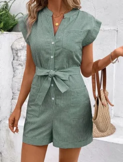 Hot Women's Normal Romper Active Striped Sleeveless V Neck Lace up Pocket Vacation Daily Regular Fit Red Blue Green Summer Women Rompers