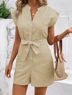 Hot Women's Normal Romper Active Striped Sleeveless V Neck Lace up Pocket Vacation Daily Regular Fit Red Blue Green Summer Women Rompers