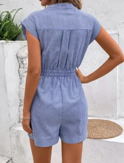 Hot Women's Normal Romper Active Striped Sleeveless V Neck Lace up Pocket Vacation Daily Regular Fit Red Blue Green Summer Women Rompers