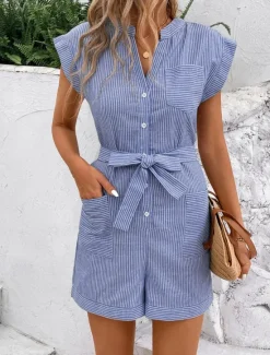 Hot Women's Normal Romper Active Striped Sleeveless V Neck Lace up Pocket Vacation Daily Regular Fit Red Blue Green Summer Women Rompers
