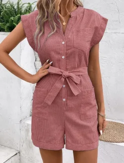 Hot Women's Normal Romper Active Striped Sleeveless V Neck Lace up Pocket Vacation Daily Regular Fit Red Blue Green Summer Women Rompers