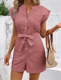 Hot Women's Normal Romper Active Striped Sleeveless V Neck Lace up Pocket Vacation Daily Regular Fit Red Blue Green Summer Women Rompers