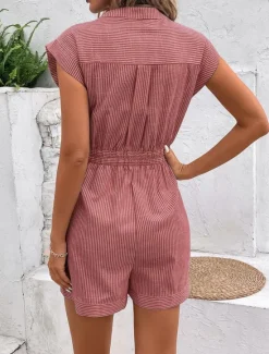 Hot Women's Normal Romper Active Striped Sleeveless V Neck Lace up Pocket Vacation Daily Regular Fit Red Blue Green Summer Women Rompers
