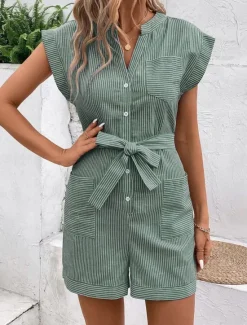 Hot Women's Normal Romper Active Striped Sleeveless V Neck Lace up Pocket Vacation Daily Regular Fit Red Blue Green Summer Women Rompers