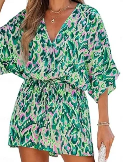 Online Women's Normal Romper Active Geometric 3/4 Length Sleeve V Neck Print Vacation Daily Regular Fit Pink Blue Purple Summer Women Graphic Jumpsuit