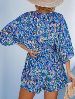 Online Women's Normal Romper Active Geometric 3/4 Length Sleeve V Neck Print Vacation Daily Regular Fit Pink Blue Purple Summer Women Graphic Jumpsuit