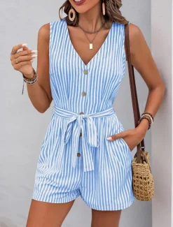 New Women's Normal Romper Active Striped Sleeveless V Neck Buttons Pocket Vacation Daily Loose Fit Khaki Light Blue Summer Women Jumpsuits
