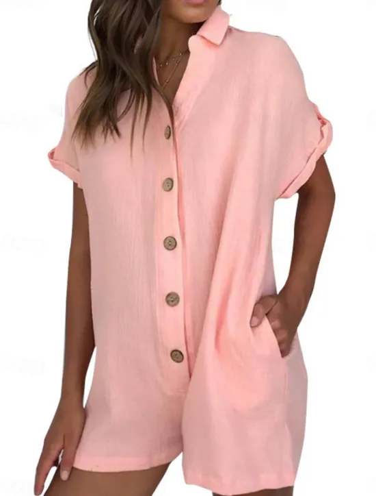 Hot Women's Normal Romper Active Solid Color Short Sleeve Shirt Collar Buttons Vacation Daily Regular Fit White Pink Summer Women Rompers|Sets