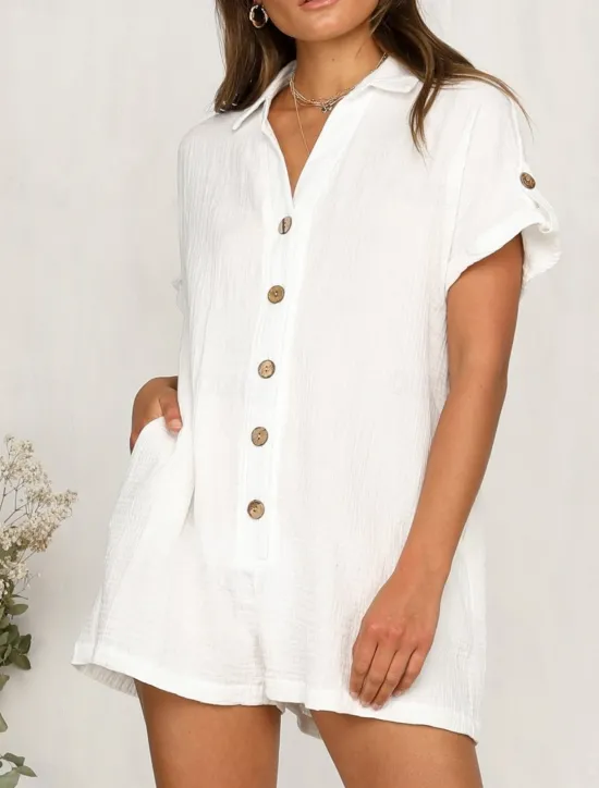 Hot Women's Normal Romper Active Solid Color Short Sleeve Shirt Collar Buttons Vacation Daily Regular Fit White Pink Summer Women Rompers|Sets