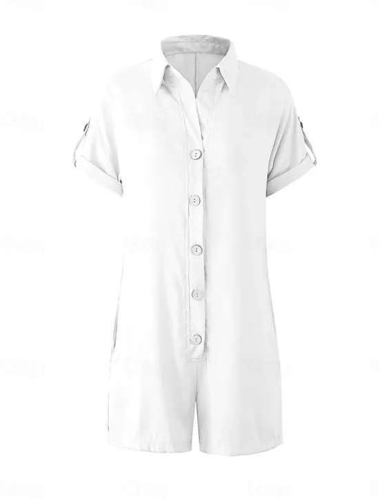 Hot Women's Normal Romper Active Solid Color Short Sleeve Shirt Collar Buttons Vacation Daily Regular Fit White Pink Summer Women Rompers|Sets