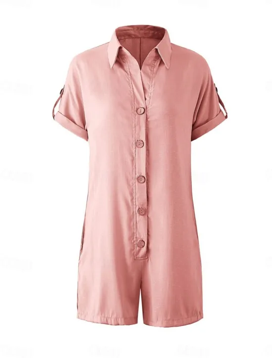 Hot Women's Normal Romper Active Solid Color Short Sleeve Shirt Collar Buttons Vacation Daily Regular Fit White Pink Summer Women Rompers|Sets