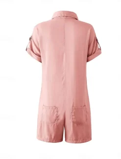 Hot Women's Normal Romper Active Solid Color Short Sleeve Shirt Collar Buttons Vacation Daily Regular Fit White Pink Summer Women Rompers|Sets