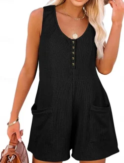 Sale Women's Normal Romper Active Solid Color Sleeveless V Neck Buttons Pocket Vacation Daily Regular Fit Black Pink Summer Women Jumpsuits