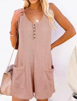 Sale Women's Normal Romper Active Solid Color Sleeveless V Neck Buttons Pocket Vacation Daily Regular Fit Black Pink Summer Women Jumpsuits