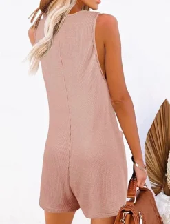 Sale Women's Normal Romper Active Solid Color Sleeveless V Neck Buttons Pocket Vacation Daily Regular Fit Black Pink Summer Women Jumpsuits