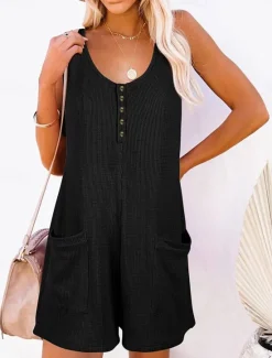 Sale Women's Normal Romper Active Solid Color Sleeveless V Neck Buttons Pocket Vacation Daily Regular Fit Black Pink Summer Women Jumpsuits