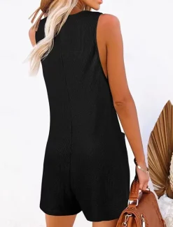 Sale Women's Normal Romper Active Solid Color Sleeveless V Neck Buttons Pocket Vacation Daily Regular Fit Black Pink Summer Women Jumpsuits