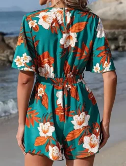 Online Women's Normal Romper Active Floral Short Sleeve V Neck High Waist Print Vacation Daily Regular Fit Black Green Summer Women Rompers
