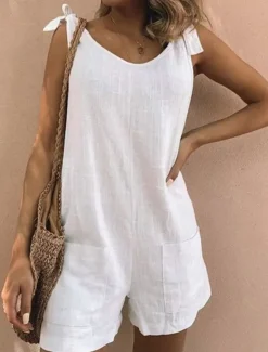Best Women's Normal Romper Basic Solid Color Sleeveless V Neck Pocket Daily Weekend Regular Fit White Yellow Blue Summer Women Rompers