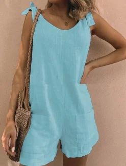 Best Women's Normal Romper Basic Solid Color Sleeveless V Neck Pocket Daily Weekend Regular Fit White Yellow Blue Summer Women Rompers