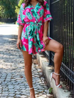 Sale Women's Normal Romper Holiday Floral Half Sleeve V Neck Lace up Print Street Daily Regular Fit Blue Green Summer Women Rompers