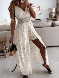 Hot Women's Normal Romper Streetwear Solid Color Sleeveless V Neck Lace Patchwork Street Daily Regular Fit Black White Summer Women Rompers