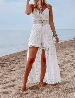 Hot Women's Normal Romper Streetwear Solid Color Sleeveless V Neck Lace Patchwork Street Daily Regular Fit Black White Summer Women Rompers
