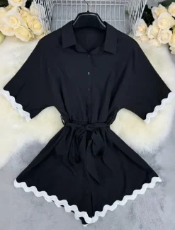 Women's Normal Romper Streetwear Color Block Short Sleeve Shirt Collar Belted Street Daily Regular Fit Summer Women Floral Dresses
