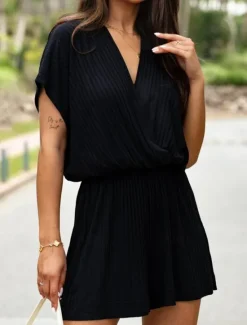 New Women's Normal Romper Streetwear Solid Color Short Sleeve V Neck Street Daily Regular Fit Black White Fuchsia Summer Women Rompers