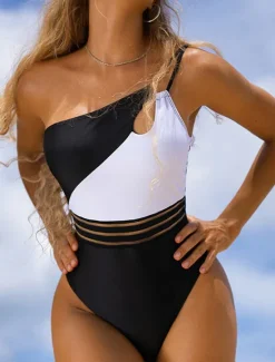 Women's Normal Swimsuit Tropical Geometric Sleeveless V Wire Open Back Printing Party Holiday Regular Fit Leopard Black White Summer Women One-Pieces