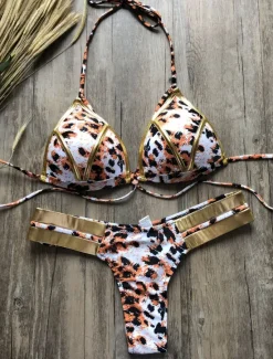 Women's Normal Swimwear Bikini 2 Piece Thong Swimsuit Open Back Cut Out Sexy Vacation Sexy Leopard Color Block Strap Bathing Suits Women Bikinis