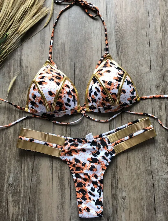 Women's Normal Swimwear Bikini 2 Piece Thong Swimsuit Open Back Cut Out Sexy Vacation Sexy Leopard Color Block Strap Bathing Suits Women Bikinis