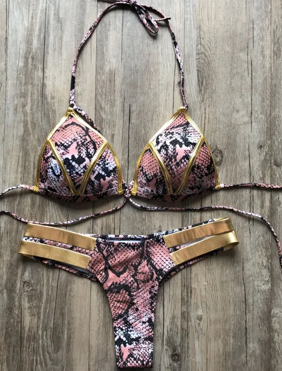 Women's Normal Swimwear Bikini 2 Piece Thong Swimsuit Open Back Cut Out Sexy Vacation Sexy Leopard Color Block Strap Bathing Suits Women Bikinis
