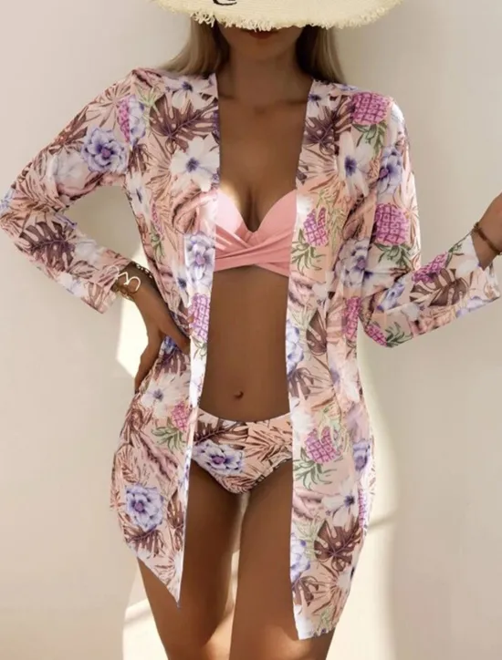Outlet Women's Normal Swimwear Bikini Three Piece Cheeky Swimsuit 2 Piece Open Back Sexy Printing Vacation Fashion Leaves V Wire Long Sleeve Bathing Suits Women Bikinis