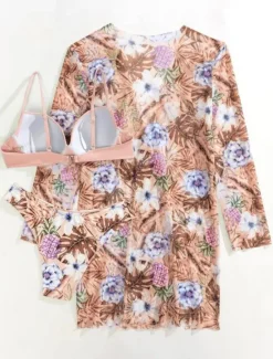 Outlet Women's Normal Swimwear Bikini Three Piece Cheeky Swimsuit 2 Piece Open Back Sexy Printing Vacation Fashion Leaves V Wire Long Sleeve Bathing Suits Women Bikinis