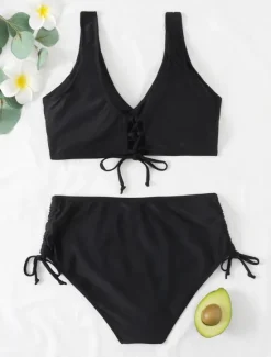 Best Women's Normal Swimwear Bikini 2 Piece Briefs Swimsuit High Waist Twist Front Fitted Vacation Stylish Solid Color V Wire Sleeveless Bathing Suits Women Bikinis