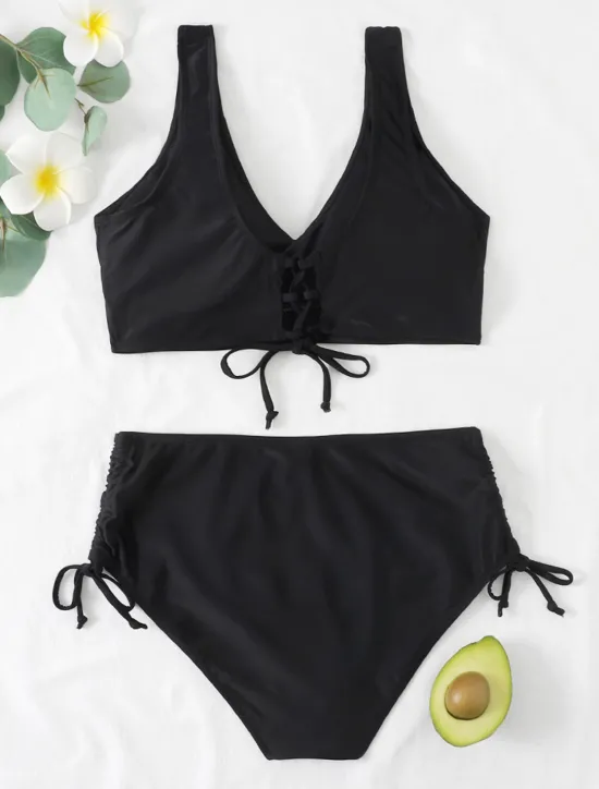 Best Women's Normal Swimwear Bikini 2 Piece Briefs Swimsuit High Waist Twist Front Fitted Vacation Stylish Solid Color V Wire Sleeveless Bathing Suits Women Bikinis