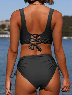 Best Women's Normal Swimwear Bikini 2 Piece Briefs Swimsuit High Waist Twist Front Fitted Vacation Stylish Solid Color V Wire Sleeveless Bathing Suits Women Bikinis