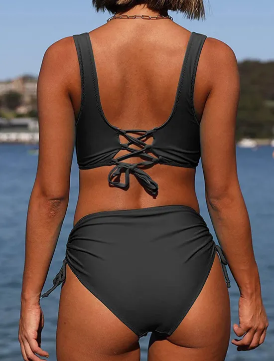 Best Women's Normal Swimwear Bikini 2 Piece Briefs Swimsuit High Waist Twist Front Fitted Vacation Stylish Solid Color V Wire Sleeveless Bathing Suits Women Bikinis