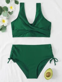 Best Women's Normal Swimwear Bikini 2 Piece Briefs Swimsuit High Waist Twist Front Fitted Vacation Stylish Solid Color V Wire Sleeveless Bathing Suits Women Bikinis