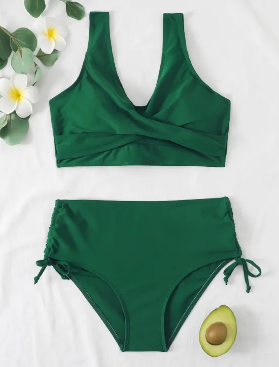 Best Women's Normal Swimwear Bikini 2 Piece Briefs Swimsuit High Waist Twist Front Fitted Vacation Stylish Solid Color V Wire Sleeveless Bathing Suits Women Bikinis