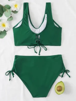 Best Women's Normal Swimwear Bikini 2 Piece Briefs Swimsuit High Waist Twist Front Fitted Vacation Stylish Solid Color V Wire Sleeveless Bathing Suits Women Bikinis