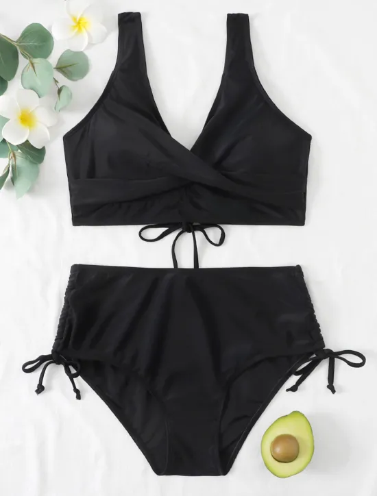 Best Women's Normal Swimwear Bikini 2 Piece Briefs Swimsuit High Waist Twist Front Fitted Vacation Stylish Solid Color V Wire Sleeveless Bathing Suits Women Bikinis