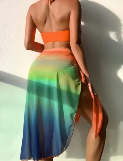 Clearance Women's Normal Swimwear Bikini Beach Bottom Three Piece Skirt Swimsuit 3-Piece Printing Beach Wear Summer Gradient Color Sleeveless Bathing Suits Women Bikinis
